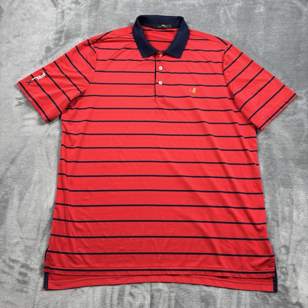 RLX Ralph Lauren Golf Polo Shirt Mens XL Red Navy Striped Performance Stretch